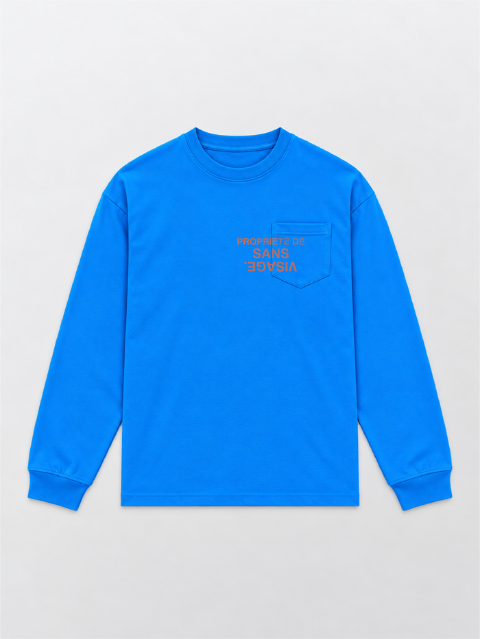PROPRIÉTÉ DE SANS VISAGE. COBALT & TANGERINE BLUE CUFFED LONGSLEEVE
